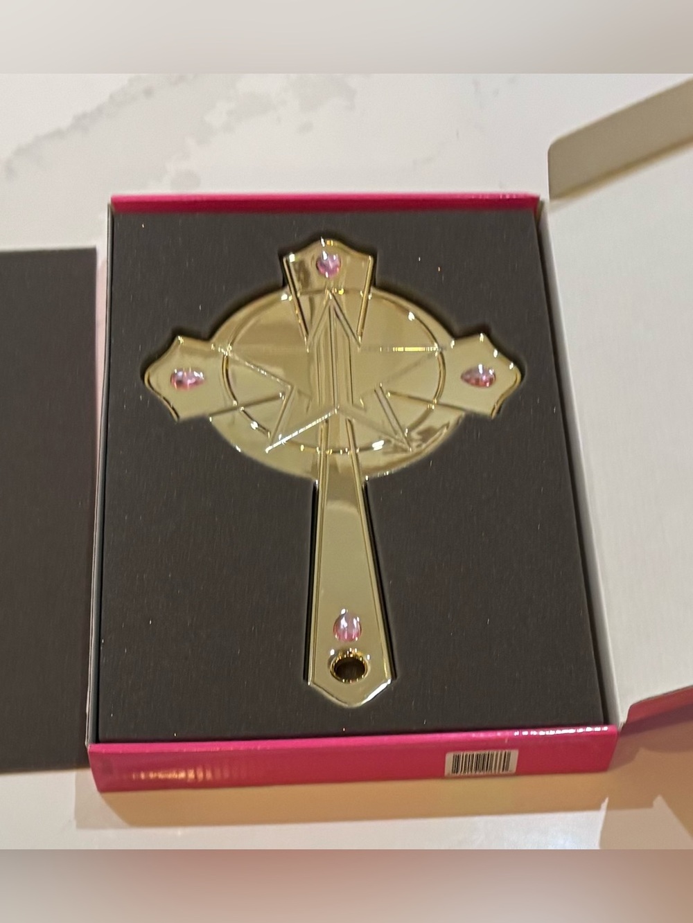 JEFFREE STAR COSMETICS- GOLD CHROME CROSS W/ PINK BLING- HAND MIRROR NEW W/ BOX